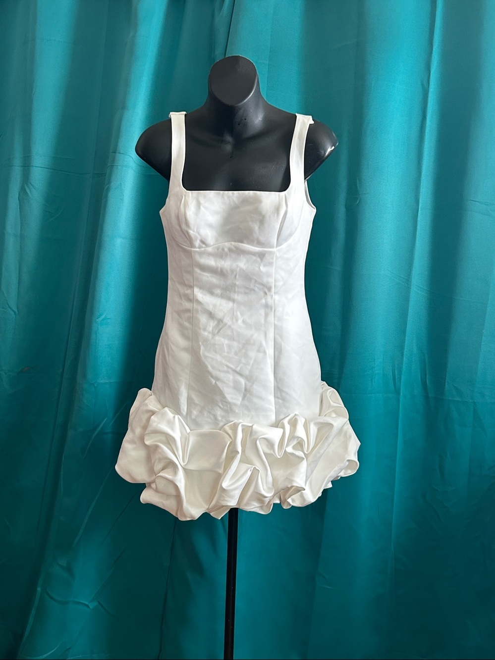 White Ruffle-Hem Mini Dress with Square Neck